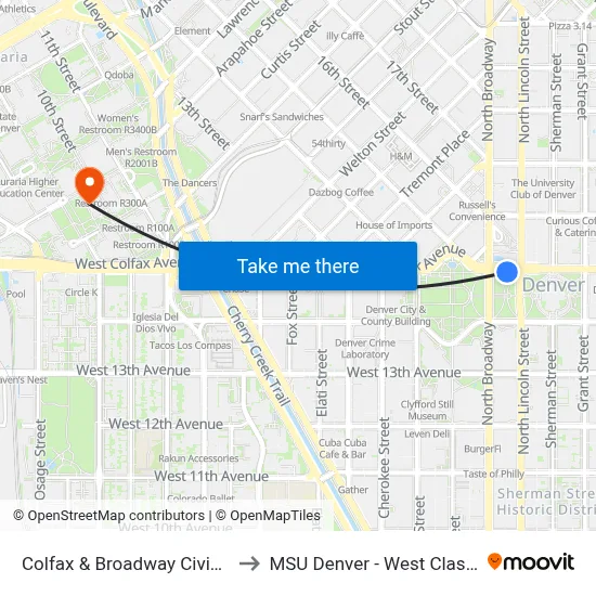 Colfax & Broadway Civic Center Station to MSU Denver - West Classroom Building map