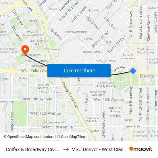 Colfax & Broadway Civic Center Station to MSU Denver - West Classroom Building map