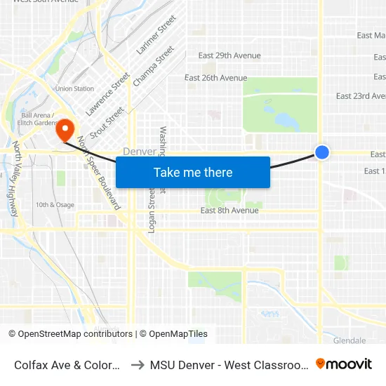Colfax Ave & Colorado Blvd to MSU Denver - West Classroom Building map