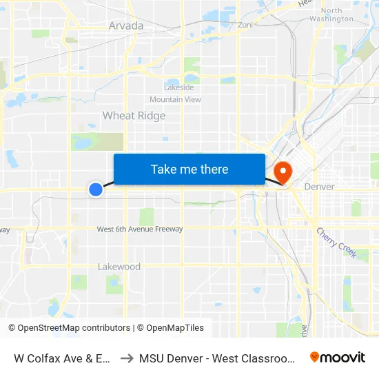 W Colfax Ave & Estes St to MSU Denver - West Classroom Building map