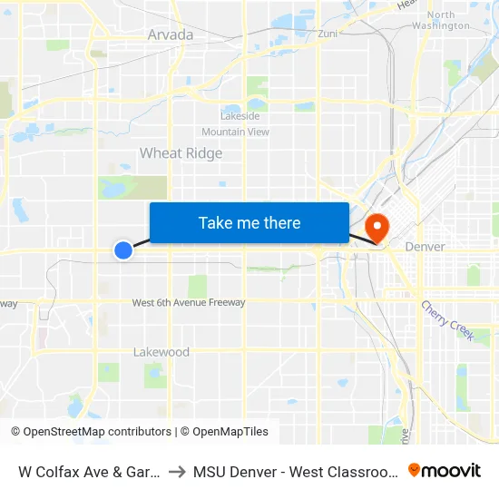 W Colfax Ave & Garrison St to MSU Denver - West Classroom Building map