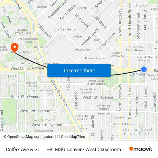 Colfax Ave & Grant St to MSU Denver - West Classroom Building map