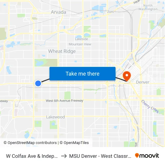 W Colfax Ave & Independence St to MSU Denver - West Classroom Building map