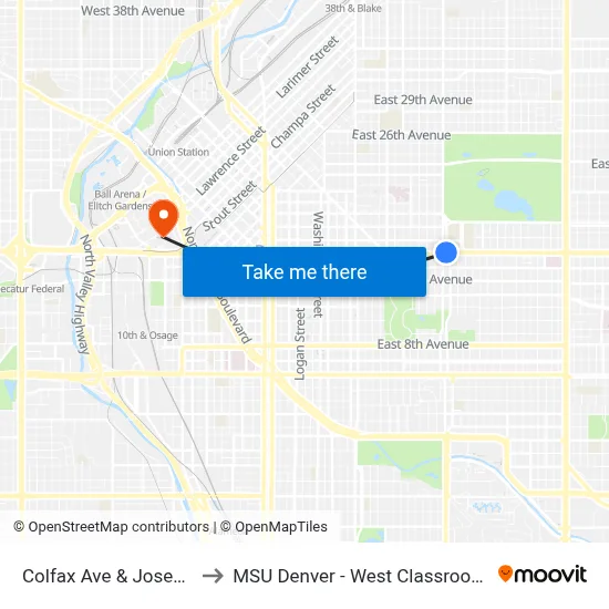 Colfax Ave & Josephine St to MSU Denver - West Classroom Building map