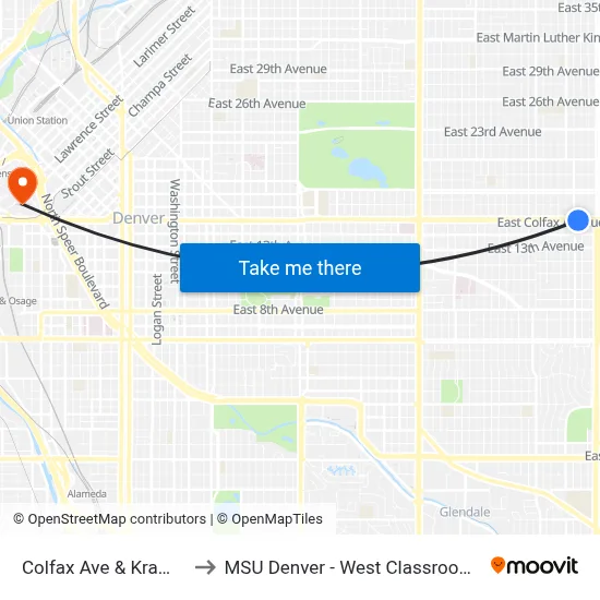 Colfax Ave & Krameria St to MSU Denver - West Classroom Building map