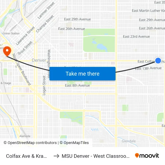 Colfax Ave & Krameria St to MSU Denver - West Classroom Building map