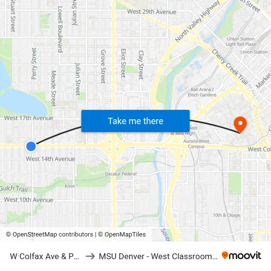 W Colfax Ave & Perry St to MSU Denver - West Classroom Building map