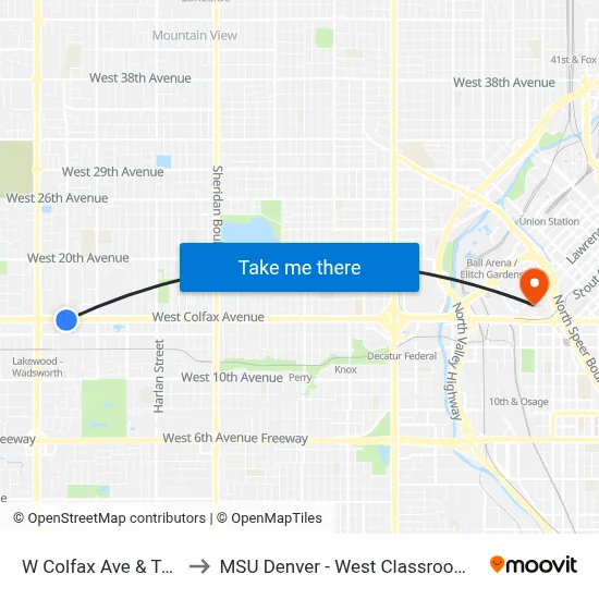 W Colfax Ave & Teller St to MSU Denver - West Classroom Building map