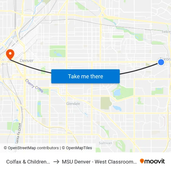 Colfax & Childrens Way to MSU Denver - West Classroom Building map
