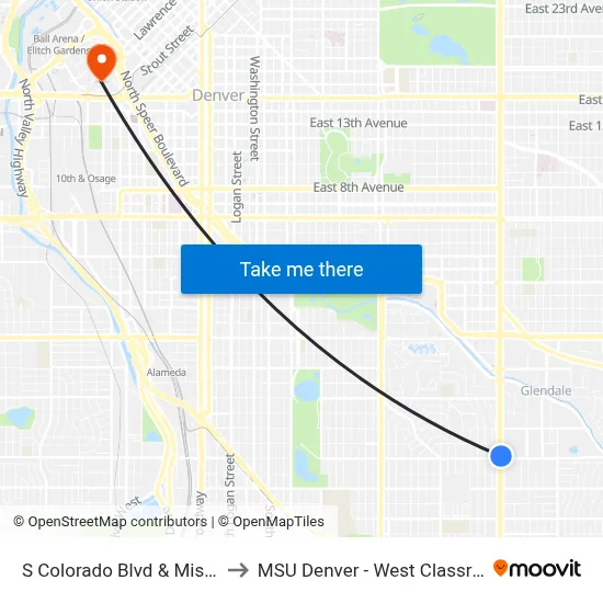 S Colorado Blvd & Mississippi Ave to MSU Denver - West Classroom Building map