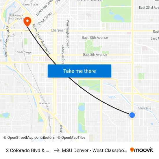 S Colorado Blvd & Ohio Ave to MSU Denver - West Classroom Building map