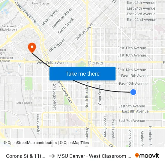 Corona St & 11th Ave to MSU Denver - West Classroom Building map