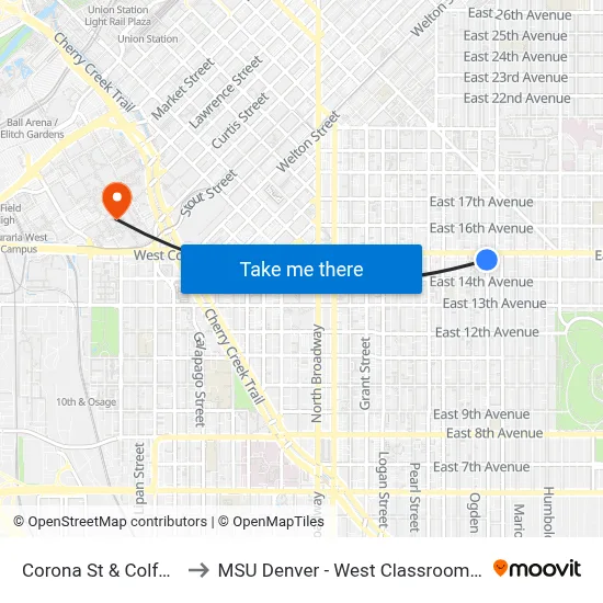 Corona St & Colfax Ave to MSU Denver - West Classroom Building map