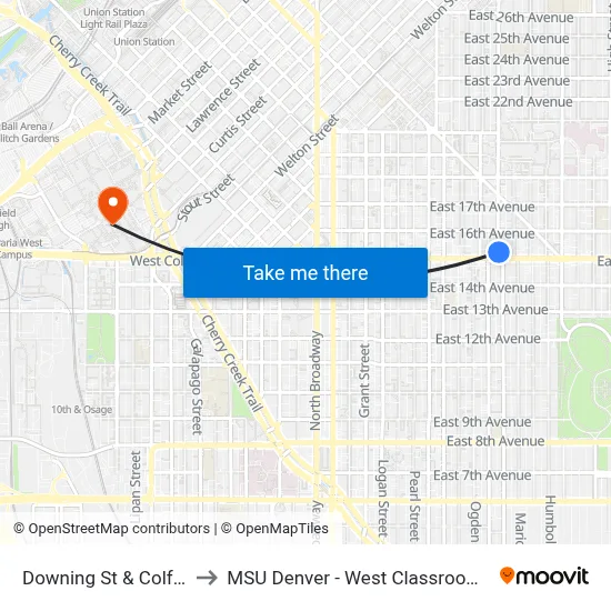 Downing St & Colfax Ave to MSU Denver - West Classroom Building map