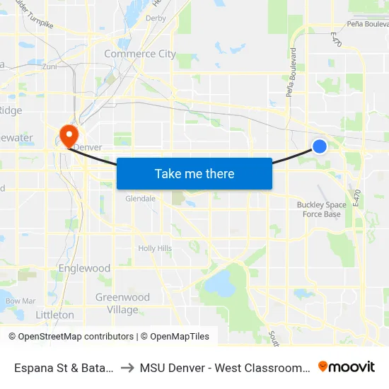 Espana St & Batavia Dr to MSU Denver - West Classroom Building map