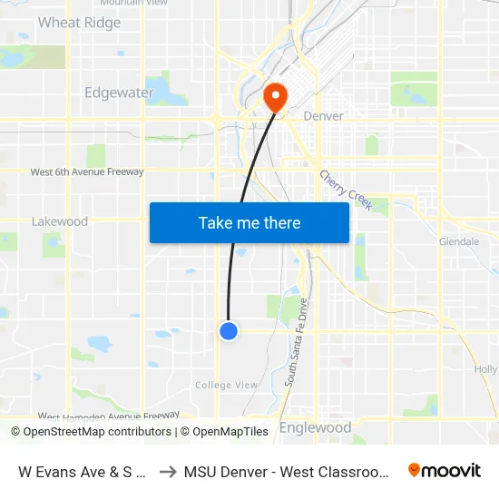 W Evans Ave & S Clay St to MSU Denver - West Classroom Building map