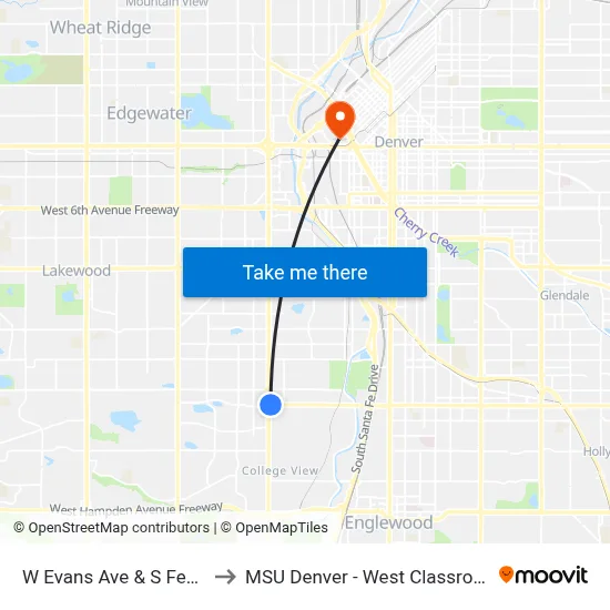 W Evans Ave & S Federal Blvd to MSU Denver - West Classroom Building map
