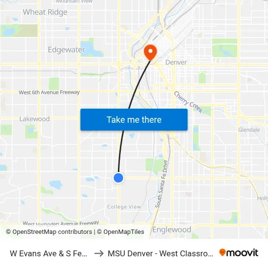 W Evans Ave & S Federal Blvd to MSU Denver - West Classroom Building map