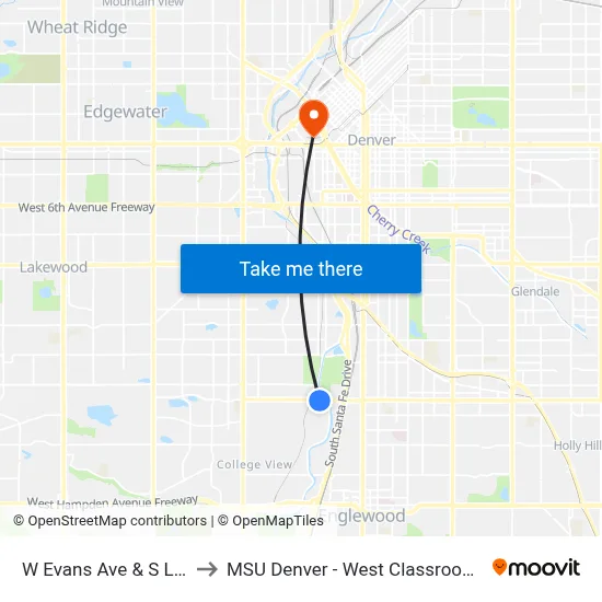 W Evans Ave & S Lipan St to MSU Denver - West Classroom Building map