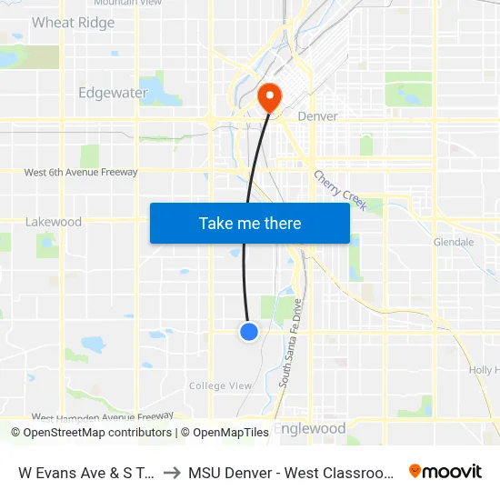 W Evans Ave & S Tejon St to MSU Denver - West Classroom Building map