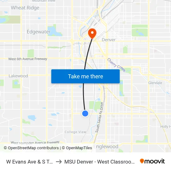 W Evans Ave & S Tejon St to MSU Denver - West Classroom Building map