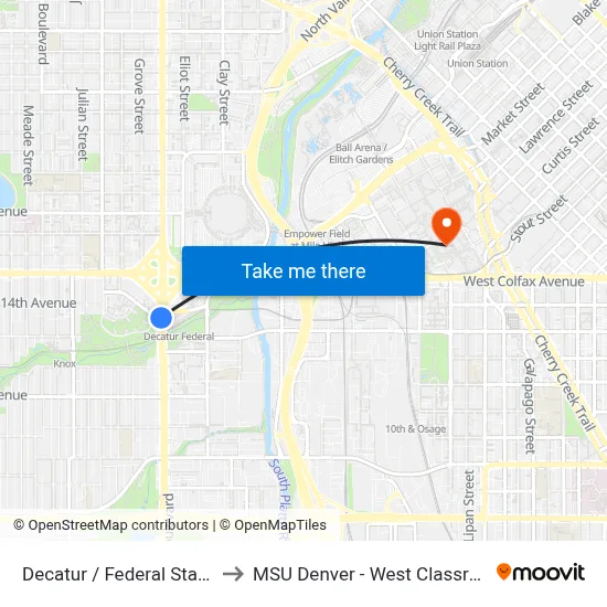 Decatur / Federal Station Gate F to MSU Denver - West Classroom Building map