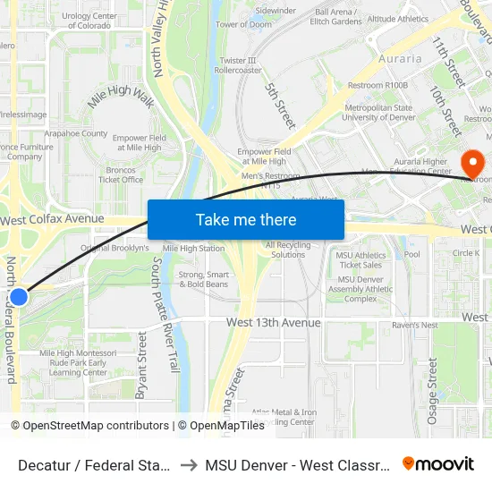 Decatur / Federal Station Gate E to MSU Denver - West Classroom Building map