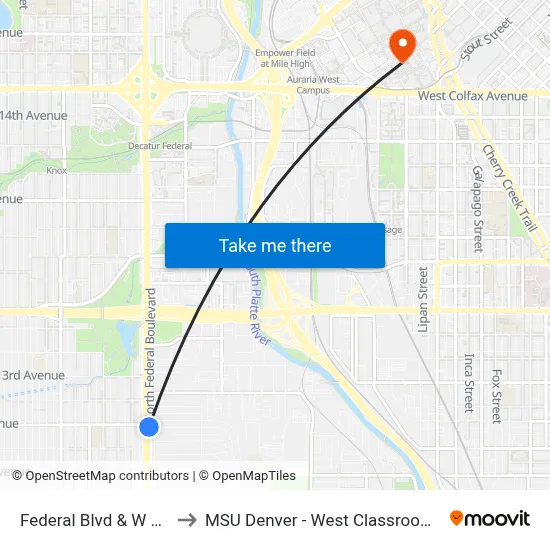 Federal Blvd & W 1st Ave to MSU Denver - West Classroom Building map