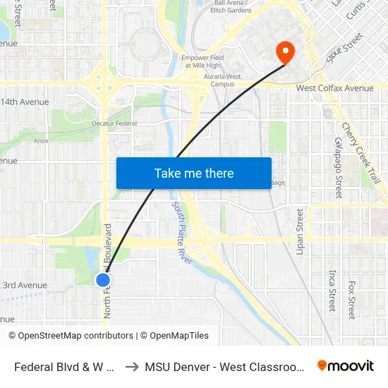 Federal Blvd & W 3rd Ave to MSU Denver - West Classroom Building map