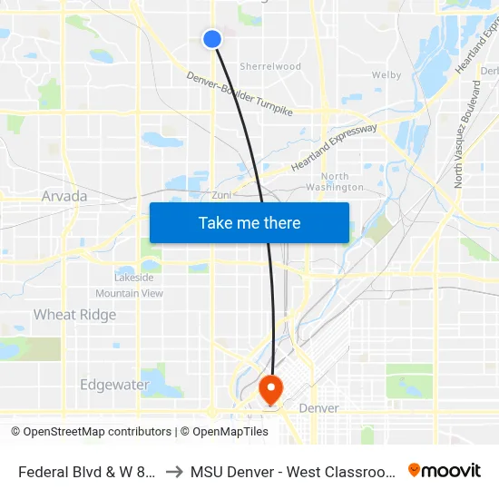 Federal Blvd & W 84th Ave to MSU Denver - West Classroom Building map