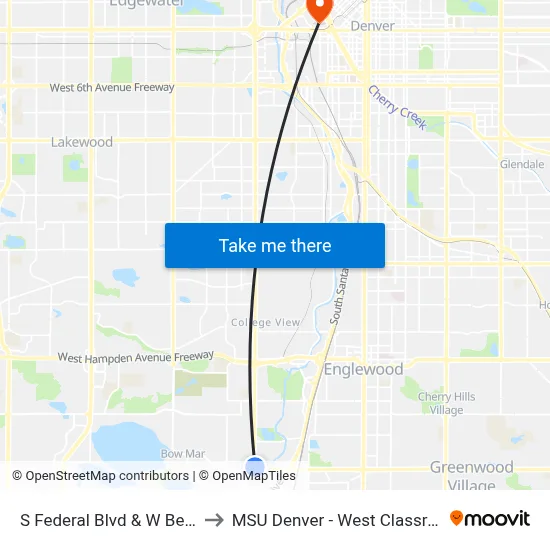 S Federal Blvd & W Belleview Ave to MSU Denver - West Classroom Building map