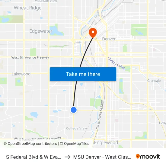 S Federal Blvd & W Evans Ave Gate G to MSU Denver - West Classroom Building map