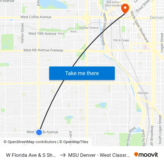 W Florida Ave & S Sheridan Blvd to MSU Denver - West Classroom Building map