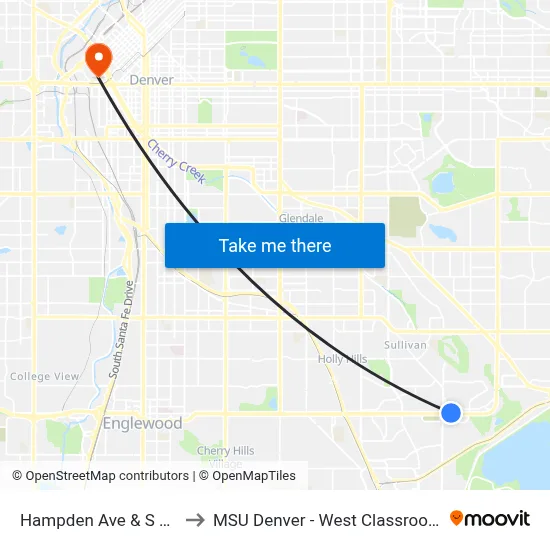 Hampden Ave & S Akron St to MSU Denver - West Classroom Building map