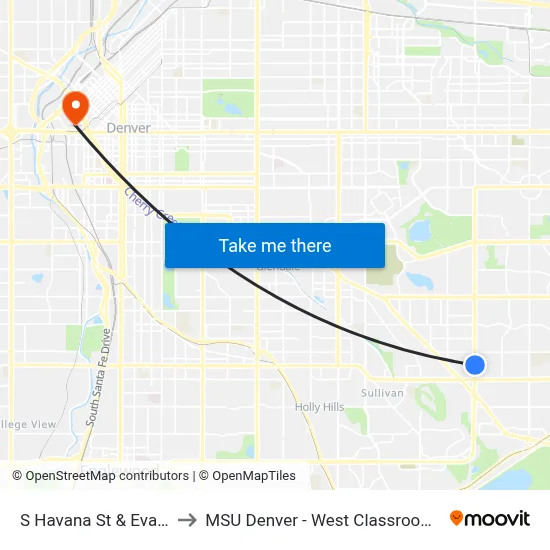 S Havana St & Evans Ave to MSU Denver - West Classroom Building map