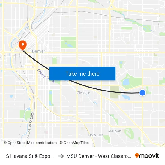 S Havana St & Exposition Ave to MSU Denver - West Classroom Building map