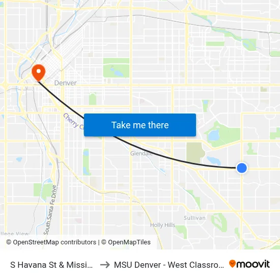 S Havana St & Mississippi Ave to MSU Denver - West Classroom Building map