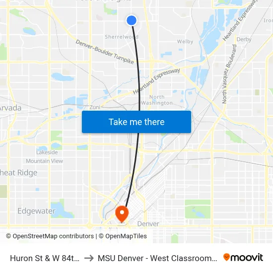 Huron St & W 84th Ave to MSU Denver - West Classroom Building map