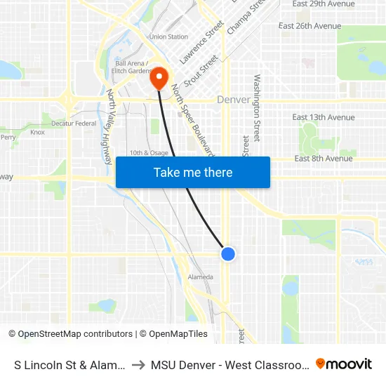 S Lincoln St & Alameda Ave to MSU Denver - West Classroom Building map