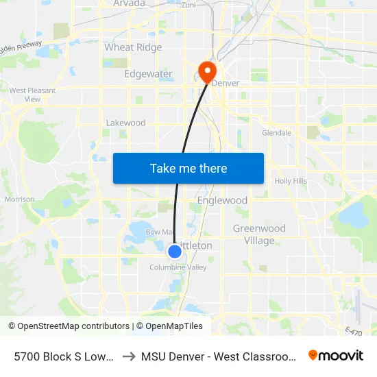 5700 Block S Lowell Blvd to MSU Denver - West Classroom Building map