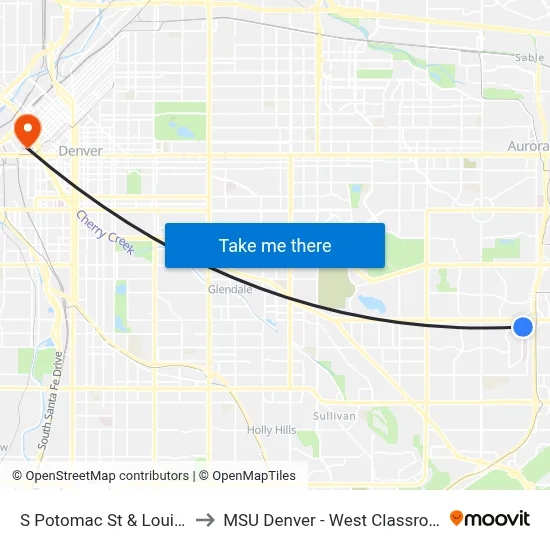 S Potomac St & Louisiana Ave to MSU Denver - West Classroom Building map