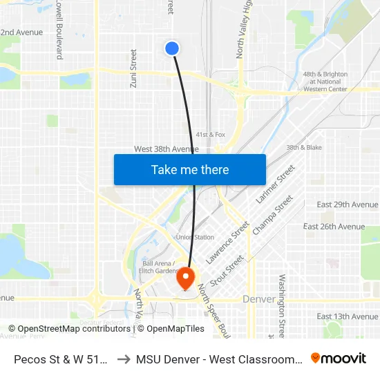 Pecos St & W 51st Ave to MSU Denver - West Classroom Building map