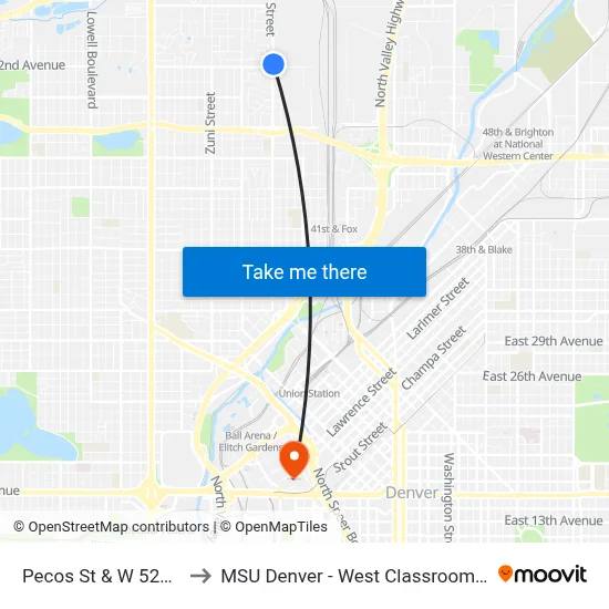 Pecos St & W 52nd Ave to MSU Denver - West Classroom Building map