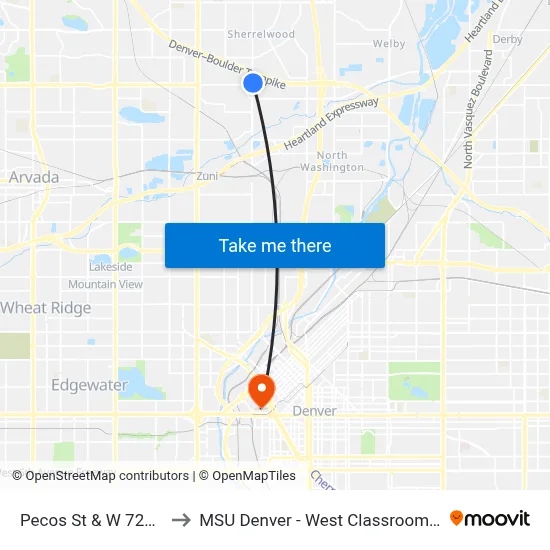 Pecos St & W 72nd Ave to MSU Denver - West Classroom Building map