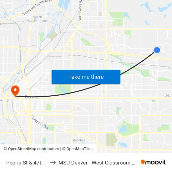 Peoria St & 47th Ave to MSU Denver - West Classroom Building map