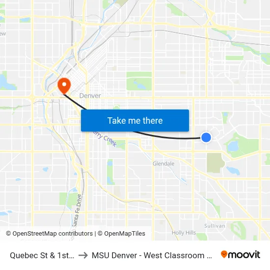 Quebec St & 1st Ave to MSU Denver - West Classroom Building map