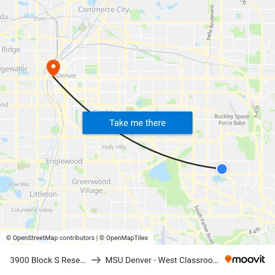 3900 Block S Reservoir Rd to MSU Denver - West Classroom Building map
