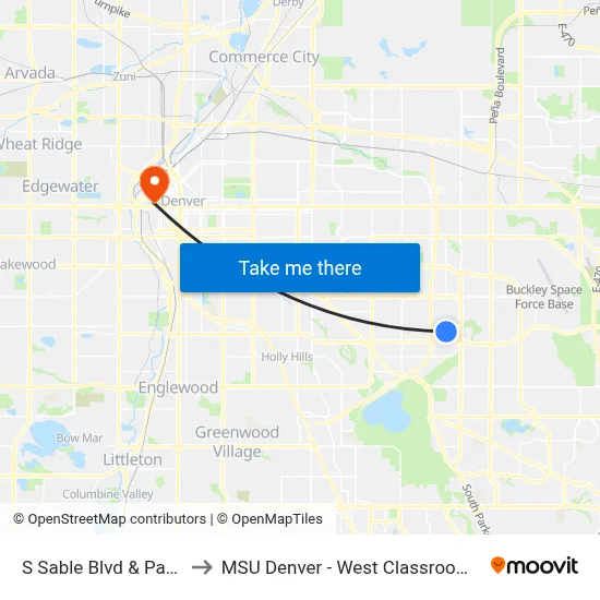 S Sable Blvd & Pacific Pl to MSU Denver - West Classroom Building map