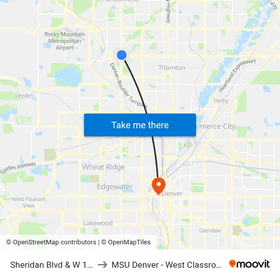Sheridan Blvd & W 105th Ave to MSU Denver - West Classroom Building map