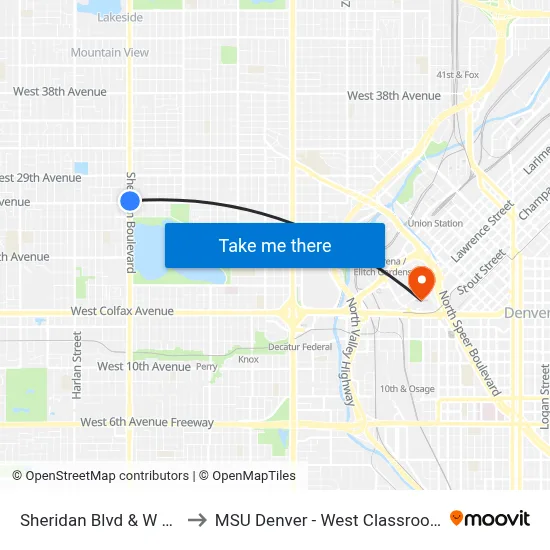 Sheridan Blvd & W 26th Ave to MSU Denver - West Classroom Building map